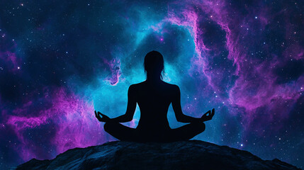 Seated individual meditating in a cosmic setting filled with vibrant colors Generative AI