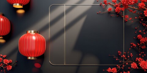 Red lanterns with gold accents hang against a dark background, creating a vertical arrangement.