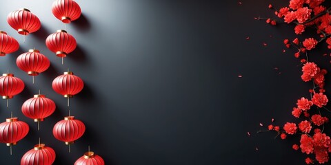 Red lanterns with gold accents hang against a dark background, creating a vertical arrangement.