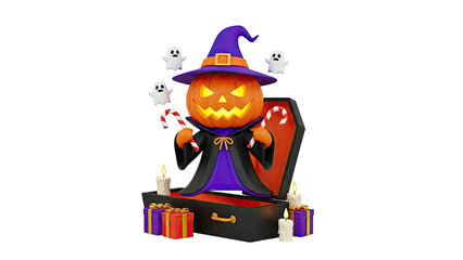 3D Spooky Halloween Pumpkin Character with Ghosts and Gifts on transparent background