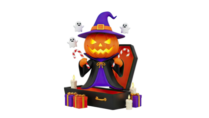 3D Spooky Halloween Pumpkin Character with Ghosts and Gifts on transparent background