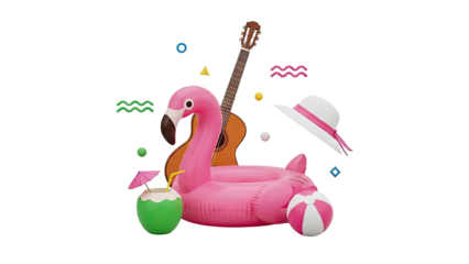 3D Summer Vacation Icons: Flamingo Float, Guitar, Hat, Coconut Drink on transparent background