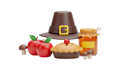 3D Thanksgiving Harvest Foods and Pilgrim Hat on transparent background