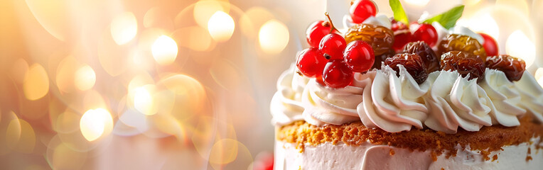 Delicious cake with whipped cream and fresh berries on top with bokeh background