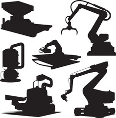Collection of industrial machinery and robotic arms isolated on transparent background