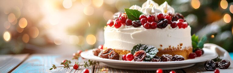 Delicious Christmas dessert with whipped cream and red currants on a festive table