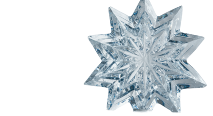 ultra-translucent massive ice sculpture of a geometric snowflake, cool dramatic backlighting, ground-level view on a white seamless background with massive copy space. winter holiday commercial