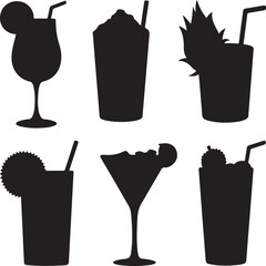Collection of various drink silhouettes isolated on transparent background