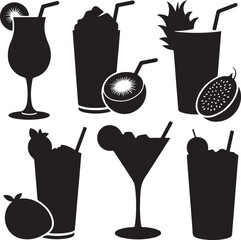 Collection of tropical drink silhouettes with fruit garnishes