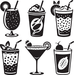 Collection of stylish summer drink icons in different glasses