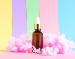 Serum bottle surrounded by pink vapor against a colorful backdrop