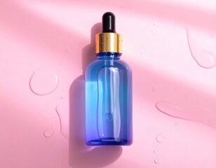 Blue glass bottle with gold accents on pink surface with liquid drops