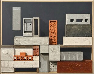 Concrete and brick sculpture on a dark background within a frame