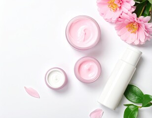 Skincare jars and bottle with blossoms, petals, and leaves on white