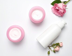Beauty products, pink creams, white bottle, and roses on a white surface