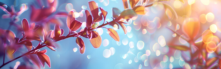 Vibrant pink leaves shine against sunny blue background with bokeh lights