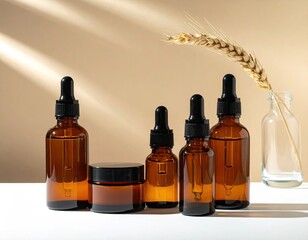 Skincare bottles, jar, and wheat sprig in soft light