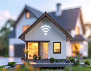 Miniature home with WiFi symbol, blurred background, garden setting