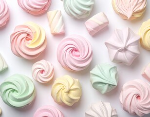Pastel-colored swirled confections scattered on a white background