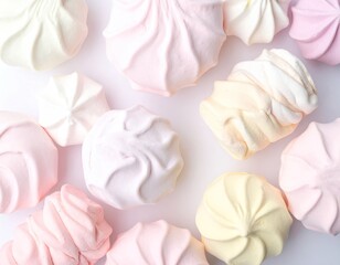 Pastel-colored meringue swirls on white background, top-down view