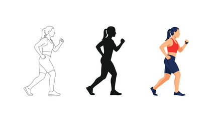 Set of three illustrations of a woman running line art, silhouette and full color vector graphic