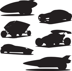 Collection of futuristic vehicle silhouettes isolated on transparent background