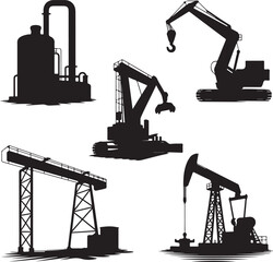 Industrial machinery and oil drilling equipment silhouette set