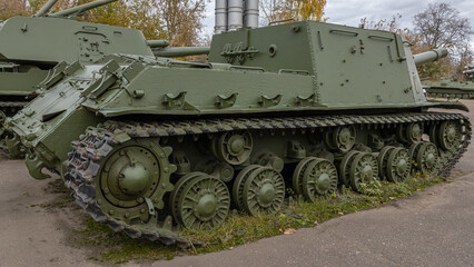 A self-propelled Soviet artillery installation from the Second World War. A large-caliber self-propelled armored installation for fighting heavy tanks and pillboxes. Armored military equipment.