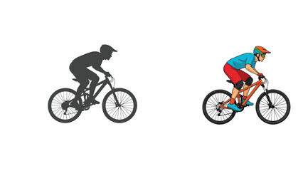 Mountain biker riding downhill bike in two styles silhouette and full color illustration