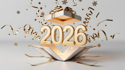 Golden 3d numbers 2026 emerging from an open gift box with confetti