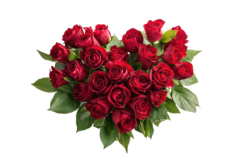 Heart shaped bouquet of deep red roses with green leaves on black background flower, Isolated On White Background, Png Transparent