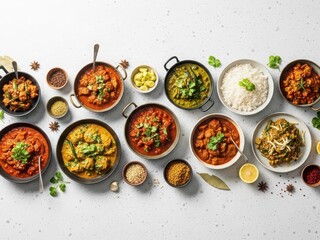 Assortment of indian curries and accompaniments on a white surface