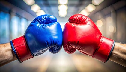 Red and blue boxing gloves touching knuckles in symmetrical pose on neutral blurred background, symbolizing rivalry.