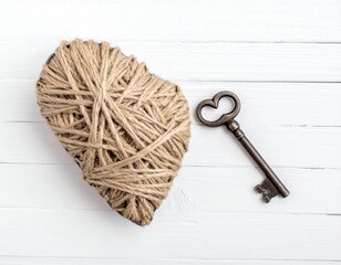 Heart made of twine with an antique key on a white wooden surface