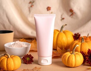 Pink skincare tube with pumpkins, flowers, and powder