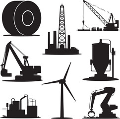 Collection of industrial machinery and equipment silhouettes isolated