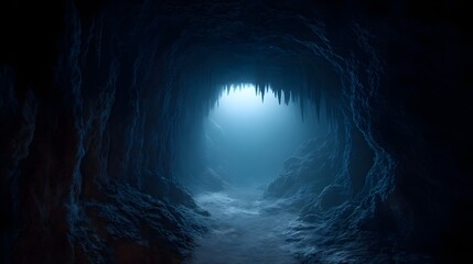 Dark atmospheric cave passage leading to a glowing blue opening with hanging stalactites
