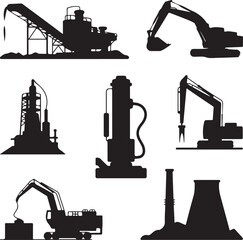 Collection of heavy industrial machinery and equipment silhouettes