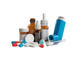 Assorted Medication and Inhalers for Asthma and Respiratory Care on White Background