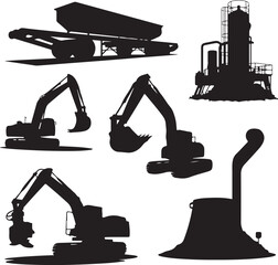 Collection of heavy construction machinery and industrial equipment silhouettes