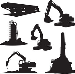 Collection of heavy construction machinery and equipment silhouettes