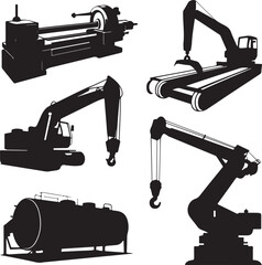 Collection of heavy industrial machinery and equipment silhouettes