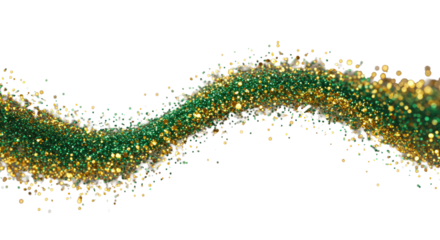 emerald green and gold glitter dust ribbon in a dynamic s-curve, cinematic macro shot, high texture, bokeh orbs, low-key lighting on soft taupe background. concept of sophisticated luxury