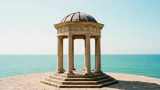 Classical style stone rotunda on a sunny coast overlooking the calm turquoise sea. Serene architectural landmark for summer travel, tourism and vacation concepts