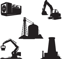 Industrial machinery and equipment silhouettes isolated on transparent background