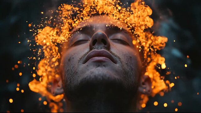 Man with fiery explosion around his head at dusk