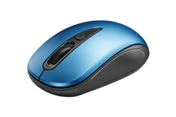 Blue computer mouse with black scroll wheel and buttons on black background technology, Isolated On White Background, Png Transparent