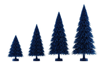 Obraz premium Four stylized sapphire blue christmas trees in sequential scale, symmetrical and dense, isolated on a transparent background with sharp contact shadows. Concept for sophisticated seasonal decor