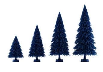 Four stylized sapphire blue christmas trees in sequential scale, symmetrical and dense, isolated on a transparent background with sharp contact shadows. Concept for sophisticated seasonal decor