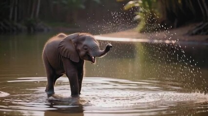 A baby elephant steps cautiously into clear water, lifts its trunk confidently, and sprays water forward only for the splash to bounce back onto its own face. video